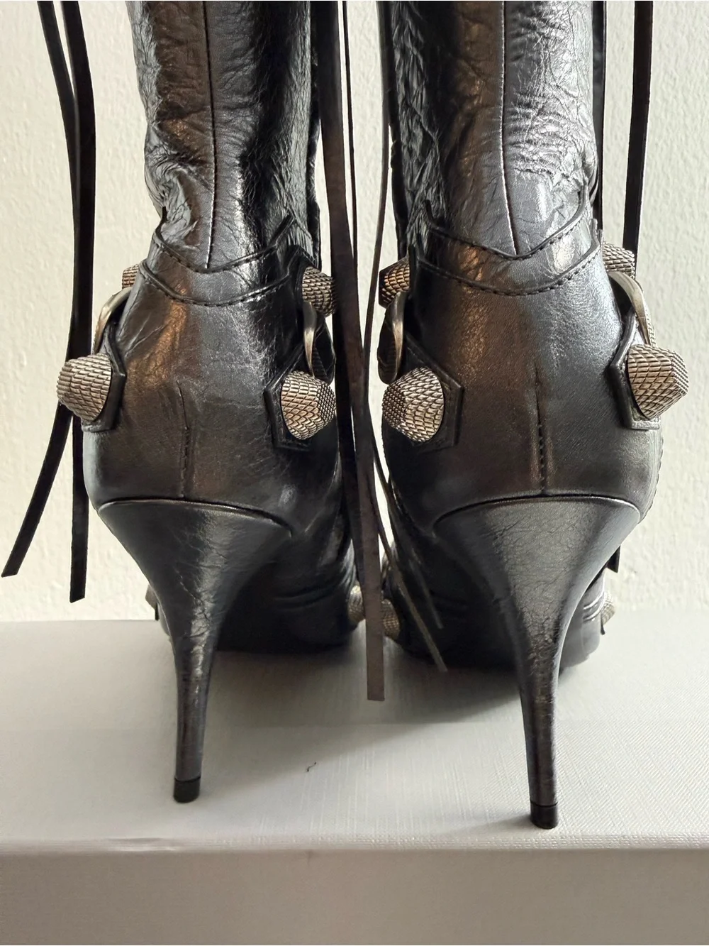 BALENCIAGA Le Cagole studded crinkled-leather knee boots